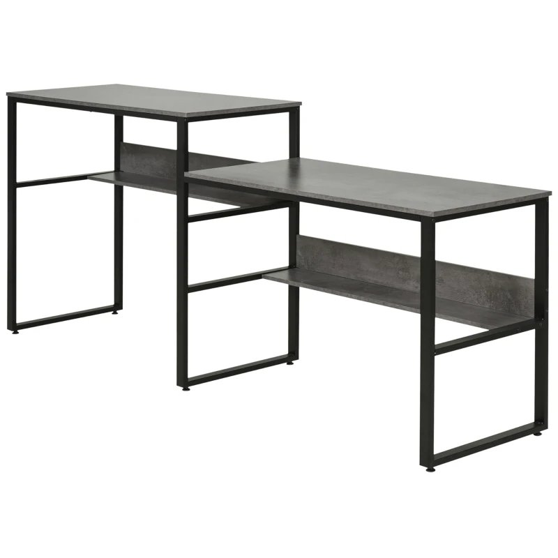 HOMCOM 86.5 Inch Two Person Desk Double Computer Table Writing Desk with Open Shelves Long Storage Workstation for Home Office Gray