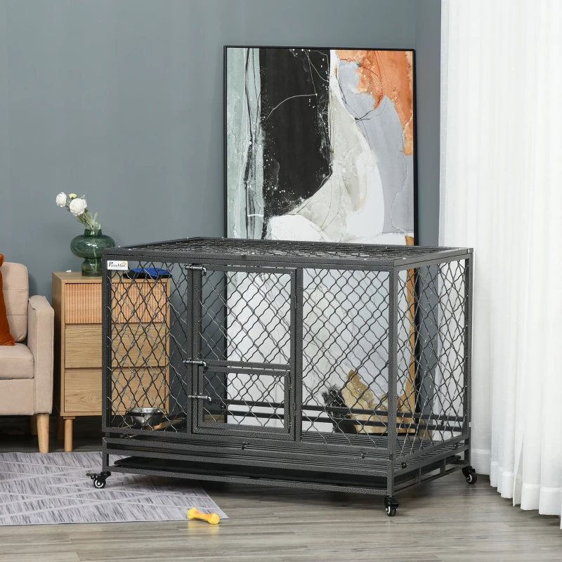 PawHut Heavy Duty Dog Crate, Metal Dog Cage Kennel with Lockable Wheels, Slide-Out Tray, Food Bowl and Double Doors, 49"