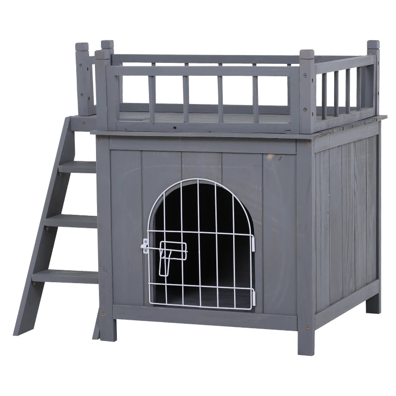 PawHut 2-Level Wooden Cat House, Outdoor Dog Shelter Cat Condo with Lockable Wire Door and Balcony, Gray