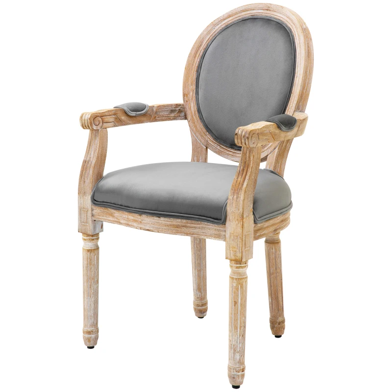 HOMCOM Vintage Dining Chair with Round Back, Thick Sponge Padded Seat and Section Armrest with Wood Frame, Gray