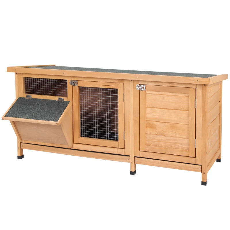 PawHut Large Bunny Hutch, Rabbit Cage with 2 Outside Areas and 1 Main House for Small Animals, Yellow