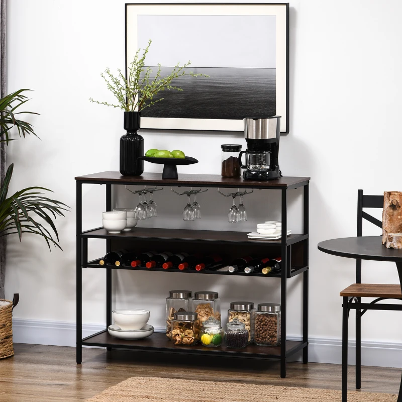 HOMCOM Industrial Wine Rack with 11-Bottles Holder, FreeStanding Wine Shelf with Glass Holders for Home Bar, Dark Brown