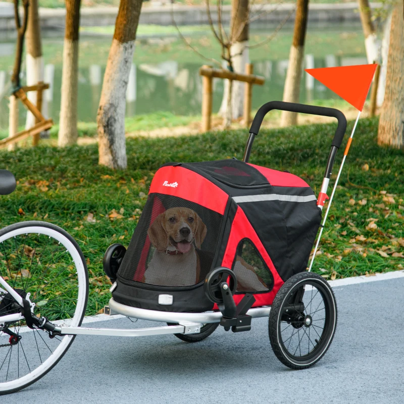 Aosom 2 in 1 Bike Trailer with Aluminum Frame, Quick Release Wheels, Safety Leash, Anti-Slip Mat for Medium Dogs, Red