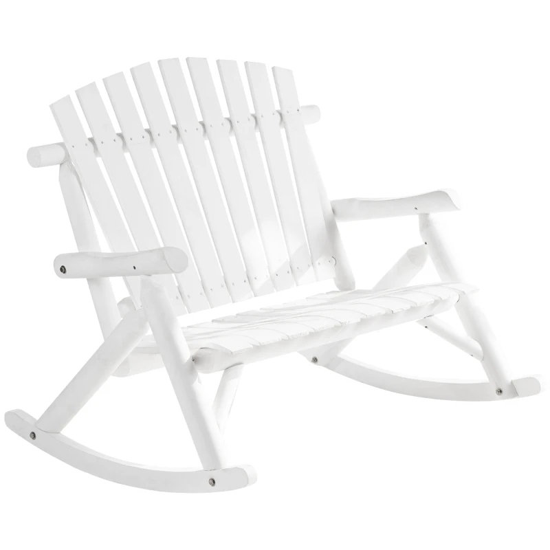 Outsunny Outdoor Wooden Rocking Chair, Double-Person Adirondack Rocking Patio Chair with Rustic High Back, Slatted Seat and Backrest for Indoor, Backyard, Garden, White
