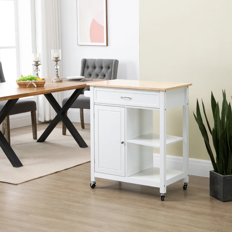 HOMCOM Kitchen Island Cart, Rolling Kitchen Island with Storage Shelf, Solid Wood Top, Drawer, for Dining Room, White