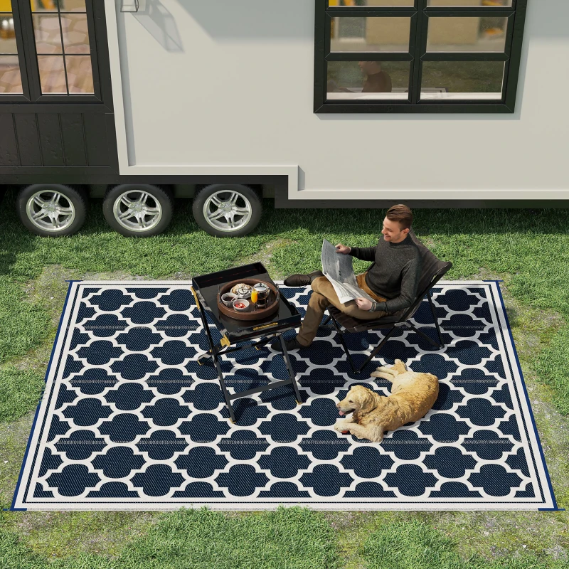Outsunny Reversible Outdoor Rug, 9' x 12' Waterproof Plastic Straw Floor Mat, Portable RV Camping Carpet, Large Floor Mat for Backyard, Deck, Picnic, Beach, Blue & White(m-10)