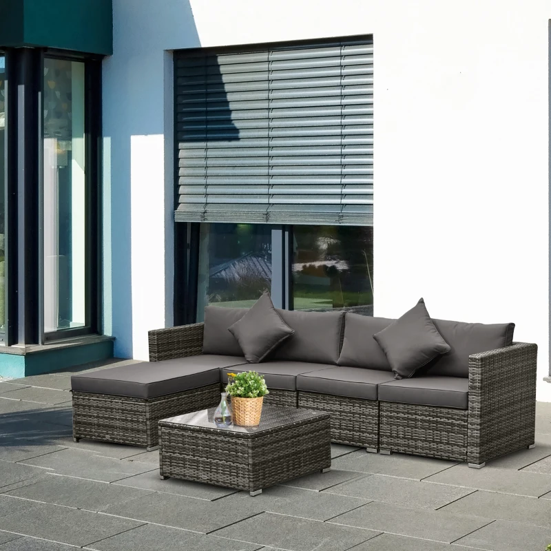 Outsunny 6 Piece Patio Furniture Set Outdoor Wicker Conversation Set All Weather PE Rattan Sectional Sofa Set with Ottoman, Cushions and Tempered Glass Table, Mixed Gray and Charcoal
