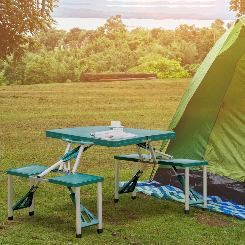 Outsunny 53" Camping Table and Chairs, Foldable with 4 seat Plastic Portable Compact Suitcase, Camping Table Set with Umbrella Hole, Green