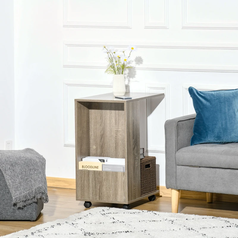 HOMCOM C-Shaped Sofa Side Table Mobile End Table with Storage and Wheels for Living Room,Office, Grey