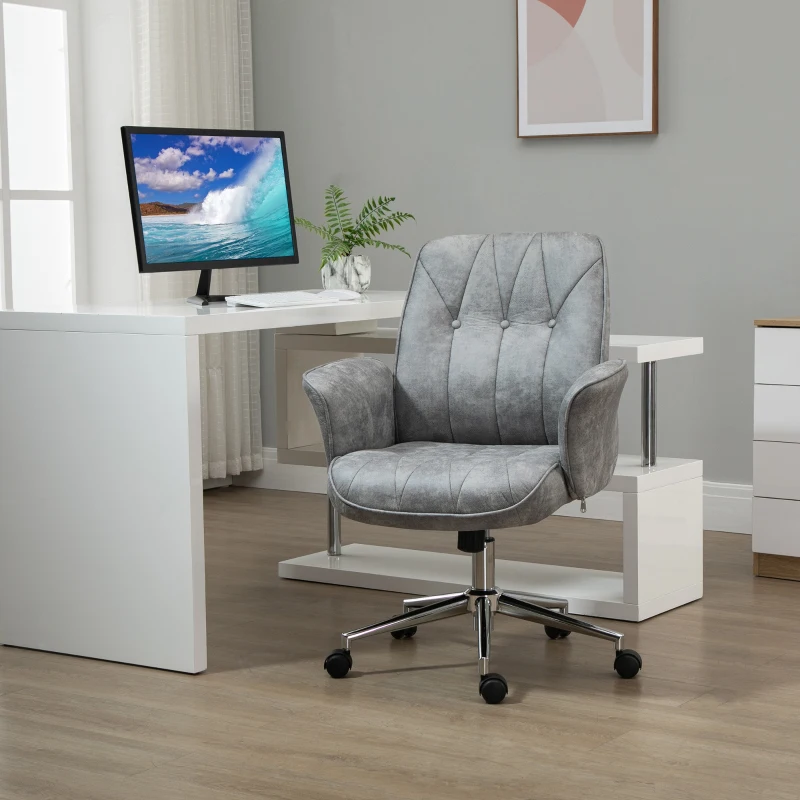 Vinsetto Microfiber Home Office Chair, Height Adjustable Button Tufted Computer Desk Chair with Swivel Wheels, Tilt Function and Padded Armrests, Light Gray