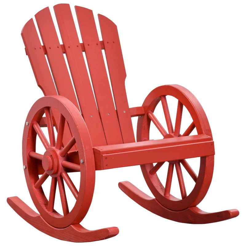 Outsunny Wooden Rocking Chair, Adirondack Rocker Chair w/Slatted Design and Oversized Back, Outdoor Rocking Chair with Wagon Wheel Armrest for Porch, Poolside, and Garden, Red