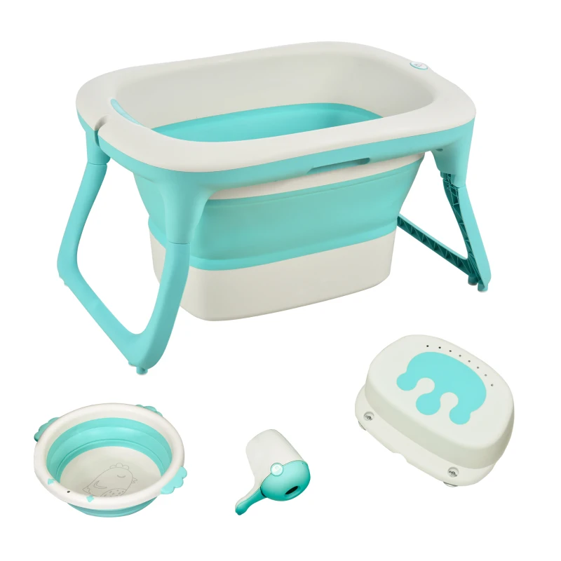 Qaba 4-IN-1 Folding Baby Bathtub 4pcs Esthetic Basin with Sucker Seat Non-Slip Support Safer Portable, Green