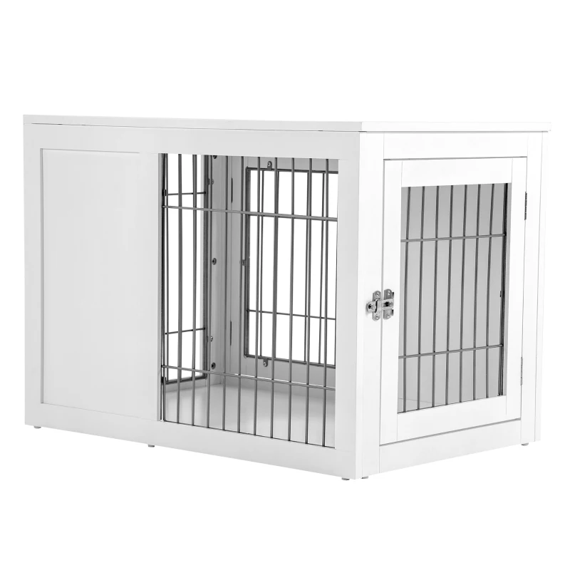 PawHut Dog Crate Furniture Wire Indoor Pet Kennel Cage, End Table with Double Doors, Locks for Small and Medium Dog House, White