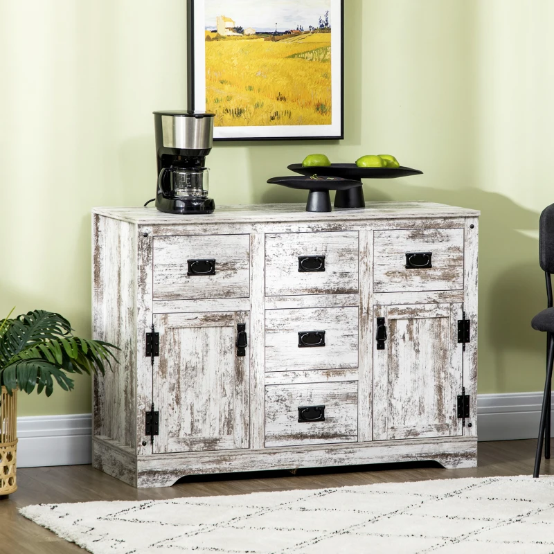 HOMCOM Sideboard Buffet Kitchen Sideboard Cabinet with Five Drawers Two Door Cabinets Adjustable Shelf for Living Room White