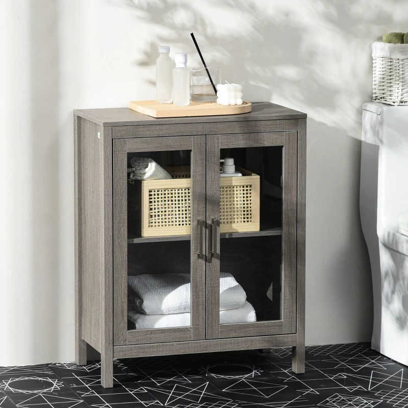 kleankin Modern Bathroom Floor Cabinet, Freestanding Bathroom Storage Cabinet with Double Glass Doors and Adjustable Shelves, Gray