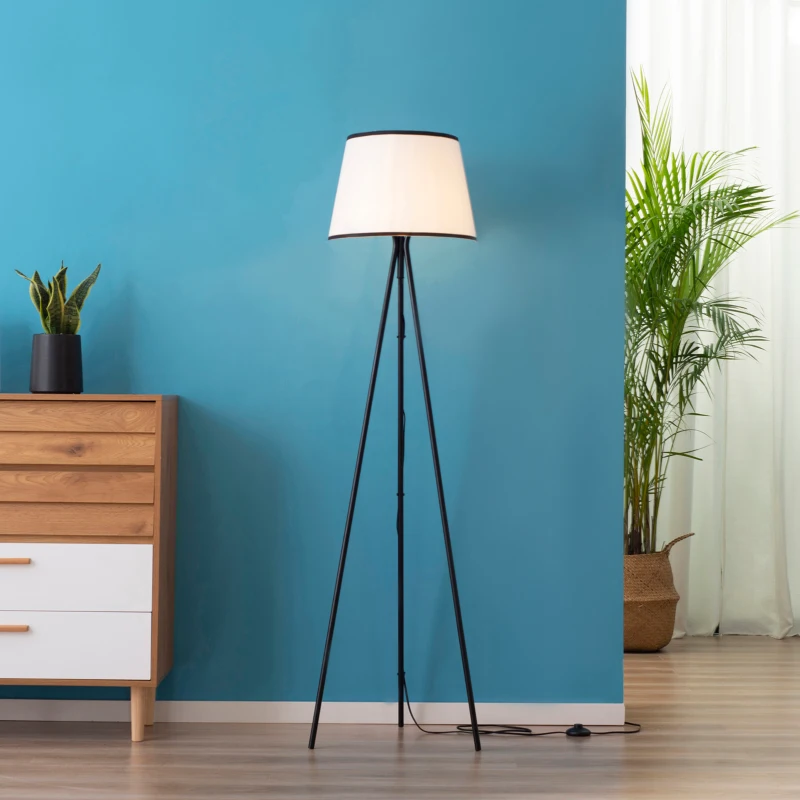HOMCOM Modern Tripod Floor Lamp, Freestanding Lamp w/ Fabric Lampshade and E26 Base for Living Room, No Bulb - Black