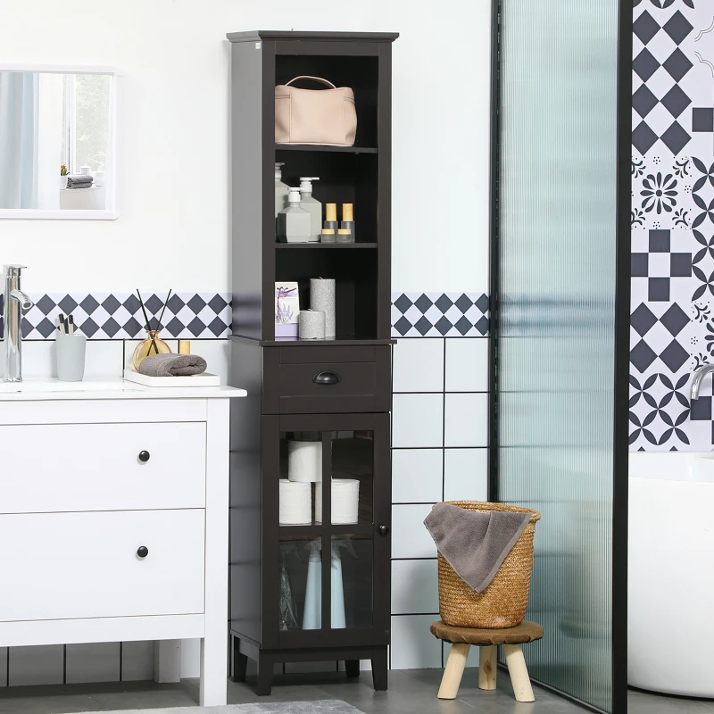 kleankin Slim Bathroom Storage Cabinet Door & Shelves Linen Tower, Brown