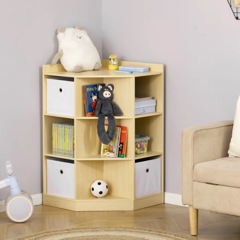HOMCOM Kids Corner Cabinet, Cubby Toy Storage Organizer, Bookshelf Unit with Three Baskets for Playroom, Bedroom, Living Room, Natural