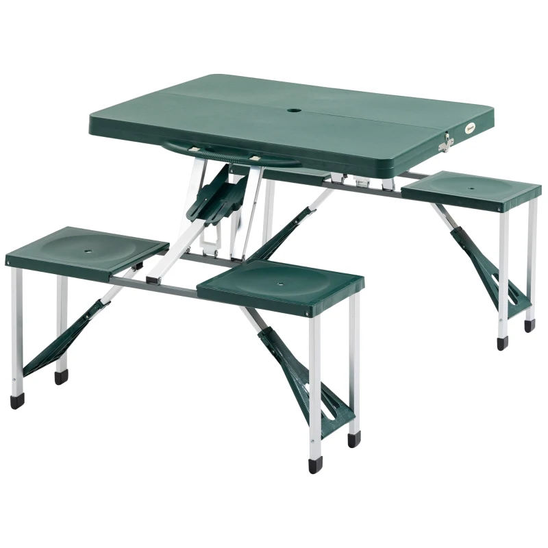 Outsunny 53" Camping Table and Chairs, Foldable with 4 seat Plastic Portable Compact Suitcase, Camping Table Set with Umbrella Hole, Green