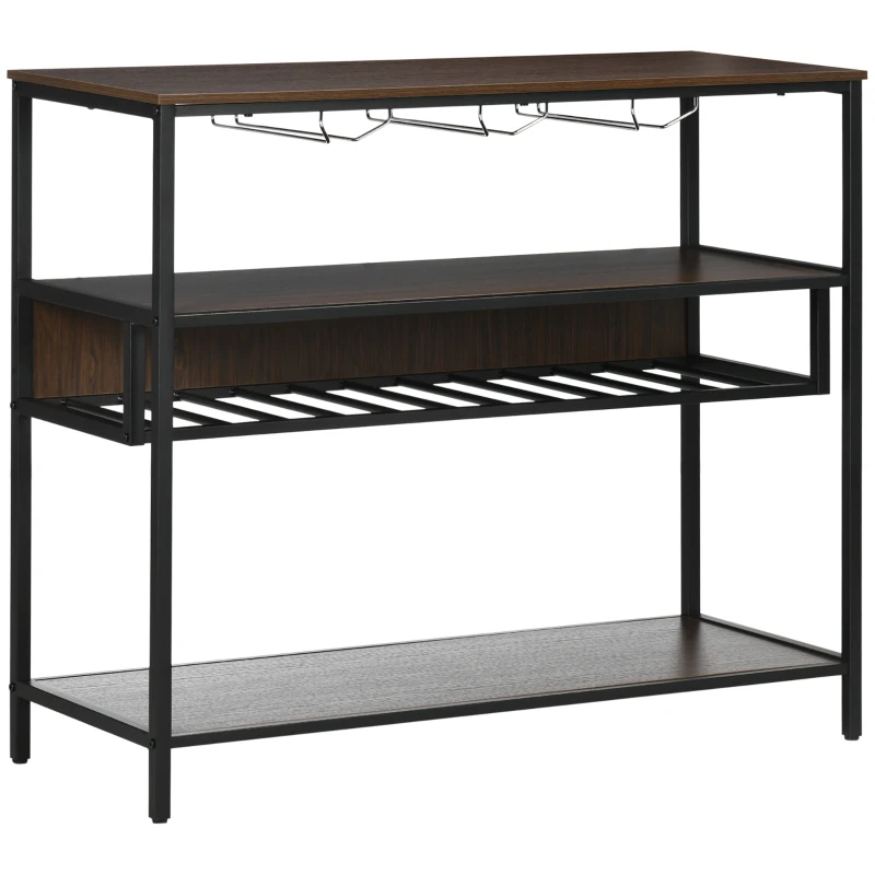 HOMCOM Industrial Wine Rack with 11-Bottles Holder, FreeStanding Wine Shelf with Glass Holders for Home Bar, Dark Brown