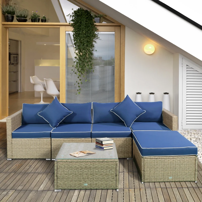 Outsunny 6 Piece Patio Furniture Set Outdoor Wicker Conversation Set All Weather PE Rattan Sectional Sofa Set with Ottoman, Cushions and Tempered Glass Table, Mixed Yellow and Navy Blue