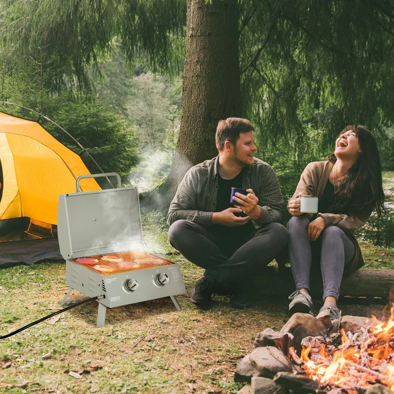 Outsunny 2 Burner Folding Tabletop Gas BBQ Grill w/ Lid, Thermometer, Carbon Steel, Gray