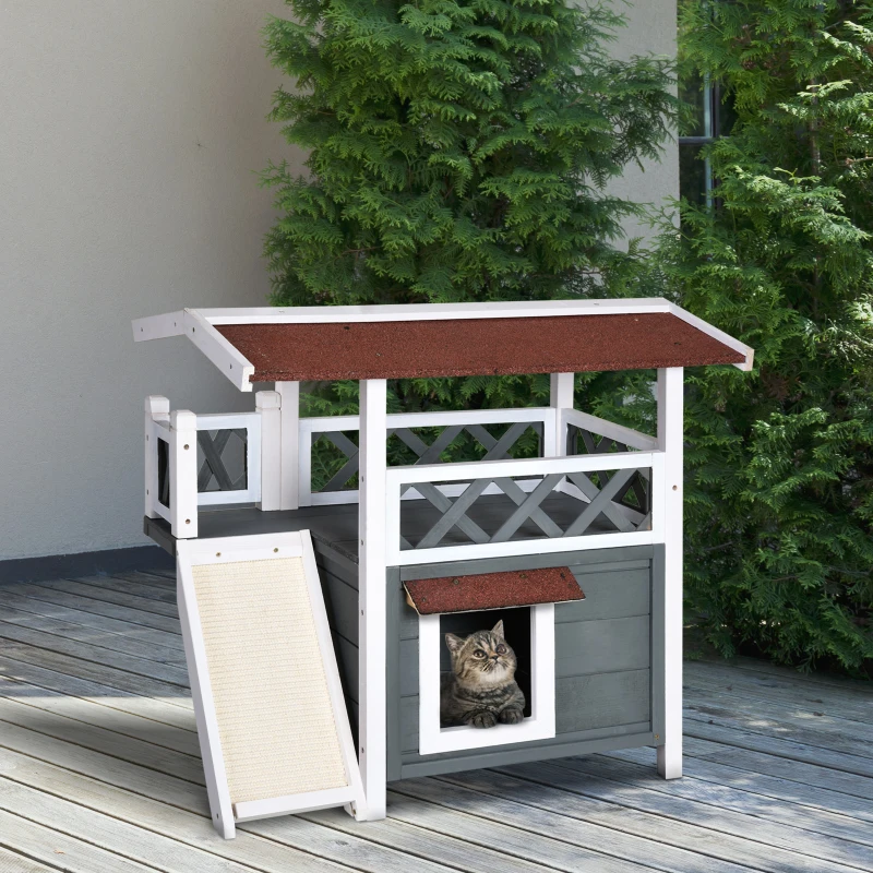PawHut Wooden Cat House Outdoor with Sisal Ramp, 2-Story Feral Cat Shelter with Balcony, Asphalt Roof, Spacious Condo, Gray