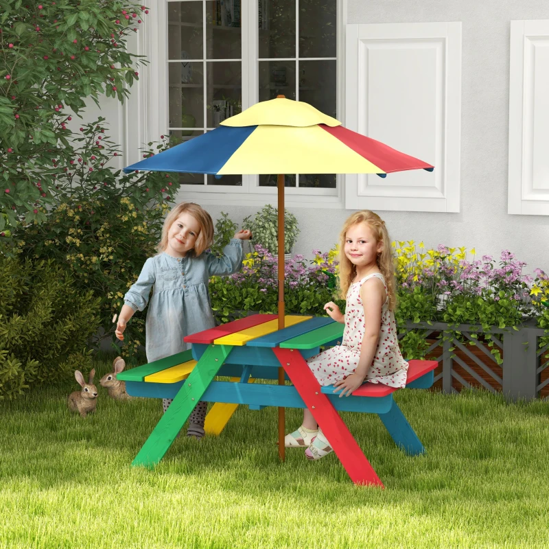Outsunny Wooden Kids Picnic Table Set with Parasol, Seating for 2 Children 3-6 Years Old, for Patio Backyard, Indoor Outdoor Use