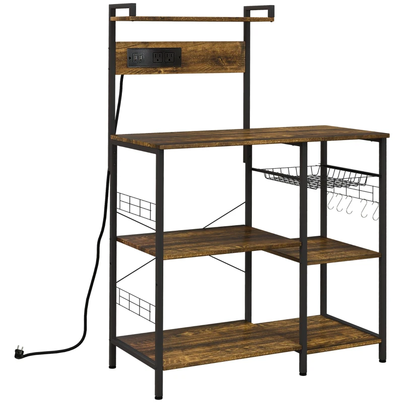 HOMCOM Kitchen Bakers Rack with Charge Station, Industrial Microwave Stand with Adjustable Shelf, 5 Hooks, Wire Basket