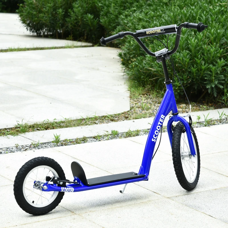 Aosom Youth Scooter Kick Scooter for Kids 5+ with Adjustable Handlebar 16" Front and 12" Rear Dual Brakes Inflatable Wheels, Blue