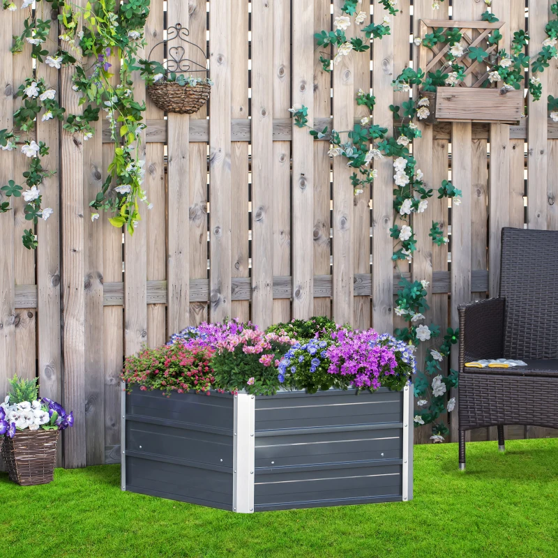 Outsunny 40'' Hexagon Raised Garden Bed, Outdoor Metal Planter Box with Gloves, for Backyard, Patio to Grow Vegetables, Herbs, and Flowers, Gray