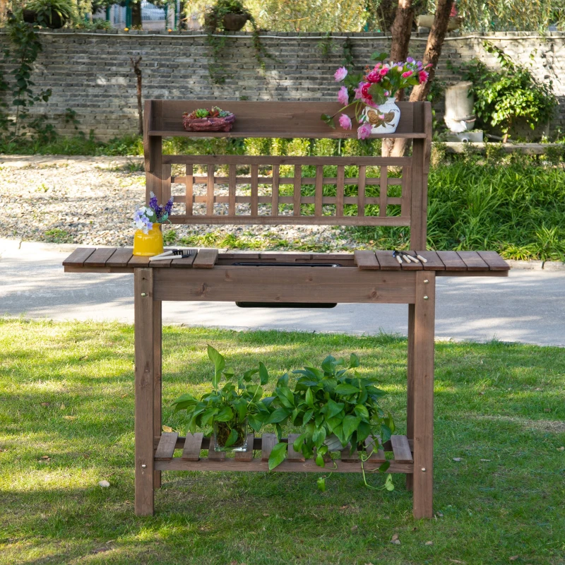 Outsunny Outdoor Potting Bench Table, Wooden Workstation with Sliding Tabletop, Storage Shelf and Dry Sink, for Greenhouse, Garden, Patio, Brown
