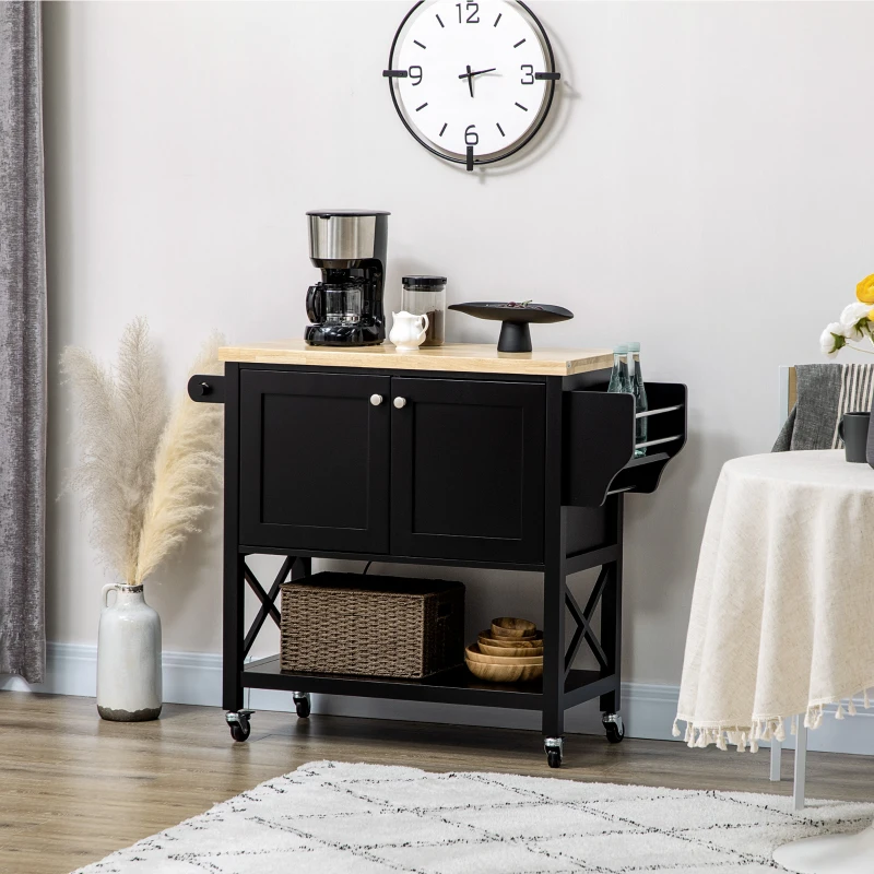 HOMCOM Rolling Kitchen Island Cart with Rubberwood Top and Storage, Black