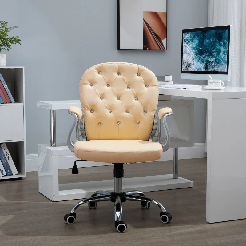 Vinsetto PU Leather Home Office Chair, Button Tufted Desk Chair with Padded Armrests, Adjustable Height and Swivel Wheels, Beige
