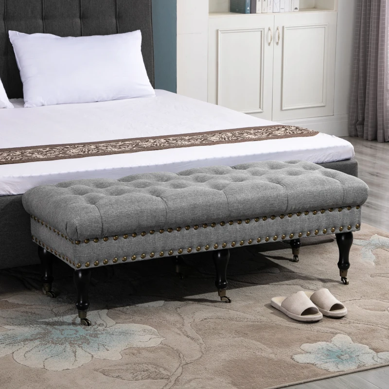 HOMCOM Mobile End of Bed Bench, Upholstered Bedroom Entryway Bench with Button-Tufted, Accent Ottoman with Nailhead Trim and Wheels, Gray