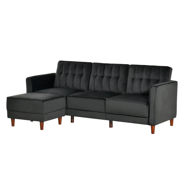 HOMCOM Upholstered L-Shaped Sofa Bed, Reversible Sectional Recliner Sofa Set, Velvet-Touch Sleeper Futon with Footstool, Black