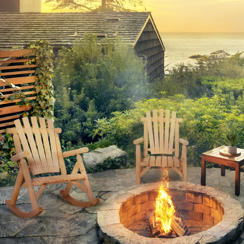 Outsunny Outdoor Wooden Rocking Chair, Single-Person Rustic Adirondack Rocker with Slatted Seat, High Backrest, Armrests for Patio, Garden and Porch, Natural