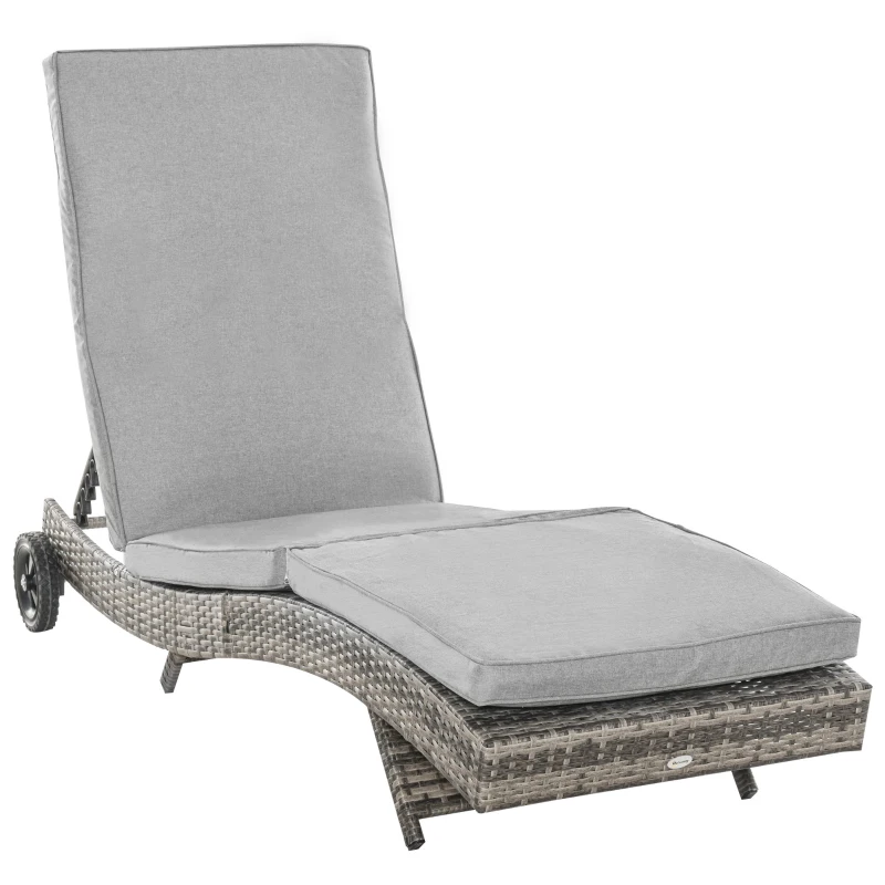 Outsunny Wicker Chaise Lounge Chair Outdoor PE Rattan Cushioned Patio Sun Lounger with 5-Level Adjustable Backrest & Wheels for Easy Movement, Mixed Gray