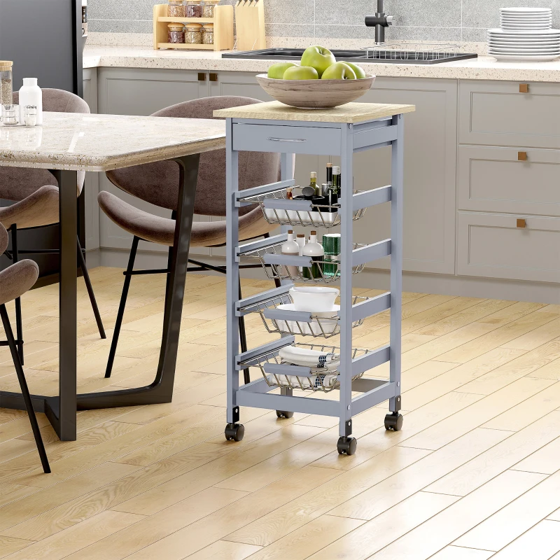 HOMCOM Mobile Kitchen Cart, Rolling Kitchen Island with Storage, Solid Wood Frame Utility Cart with Wire Fruit Baskets and Drawer, Gray
