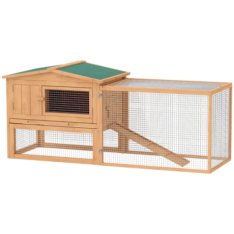 PawHut Rabbit Cage Outdoor, 62" Wooden Outdoor Rabbit Hutch, Small Animal Habitat with Detachable Run and Elevated Main House, Natural
