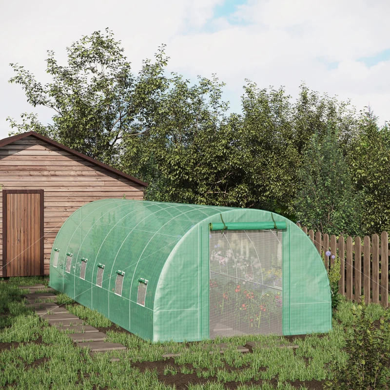 Outsunny 26' x 10' x 6.6' Walk-in Tunnel Hoop Greenhouse, PE Cover, Steel Frame, Roll-Up Zipper Door & 12 Mesh Windows for Flowers, Vegetables, Tropical Plants, Green