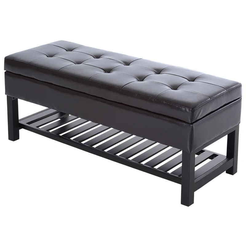 HomCom 44" Tufted Faux Leather Ottoman Storage Bench With Shoe Rack - Dark Brown
