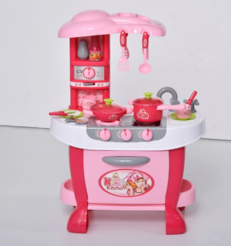 Qaba Kids Kitchen Play Set Pretend Toy Children Role Play Game Toy with Light & Sound Function  38Pcs Toy Accessories - Pink