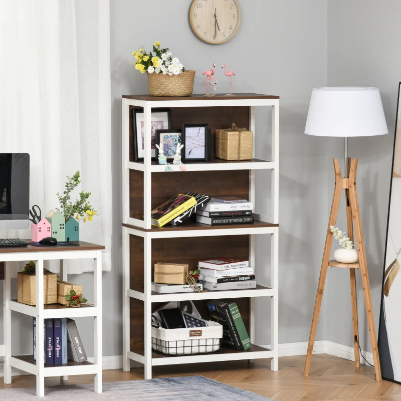 HOMCOM Shelves for Storage, 4 Tier Bookshelf Utility Organizer with Back Support and Anti-Topple Design, Walnut/White