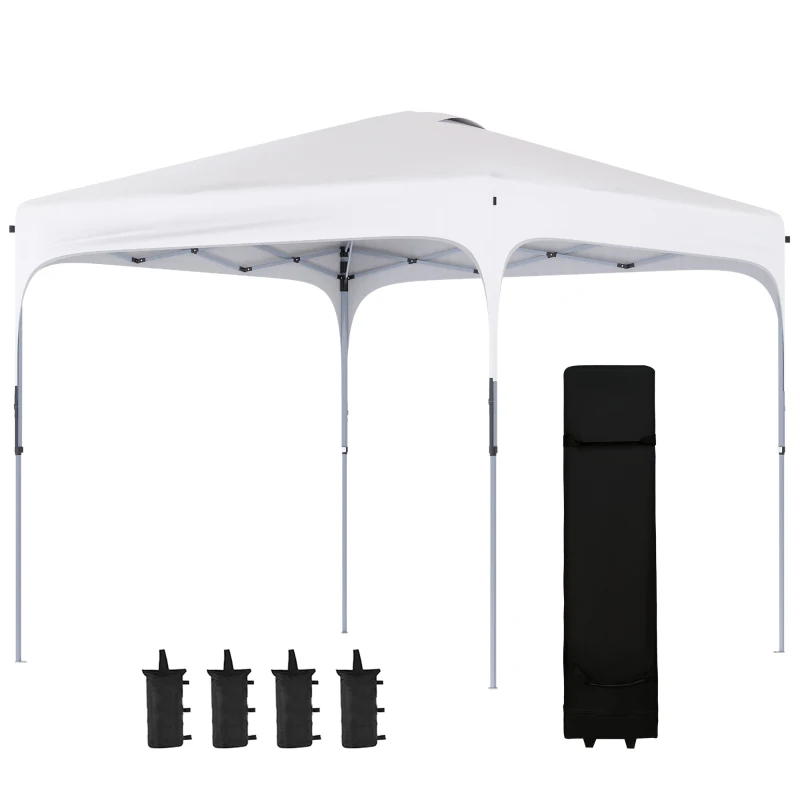 Outsunny 8' x 8' Pop Up Canopy Tent with Wheeled Carry Bag and 4 Sand Bags, Instant Sun Shelter, Tents for Parties, Height Adjustable, for Outdoor, Garden, Patio, White