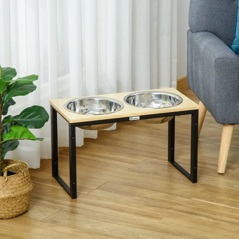 PawHut Elevated Dog Bowls with Stand, Raised Dog Feeder for Large Sized Dogs, Natural