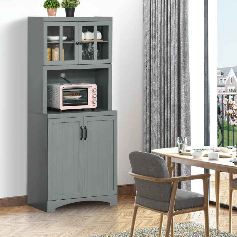 HOMCOM Kitchen Hutch, 70" Pantry Cabinet with Glass Framed Door,  Storage Cabinet with Adjustable Shelves and Microwave Space for Dining Room, Gray