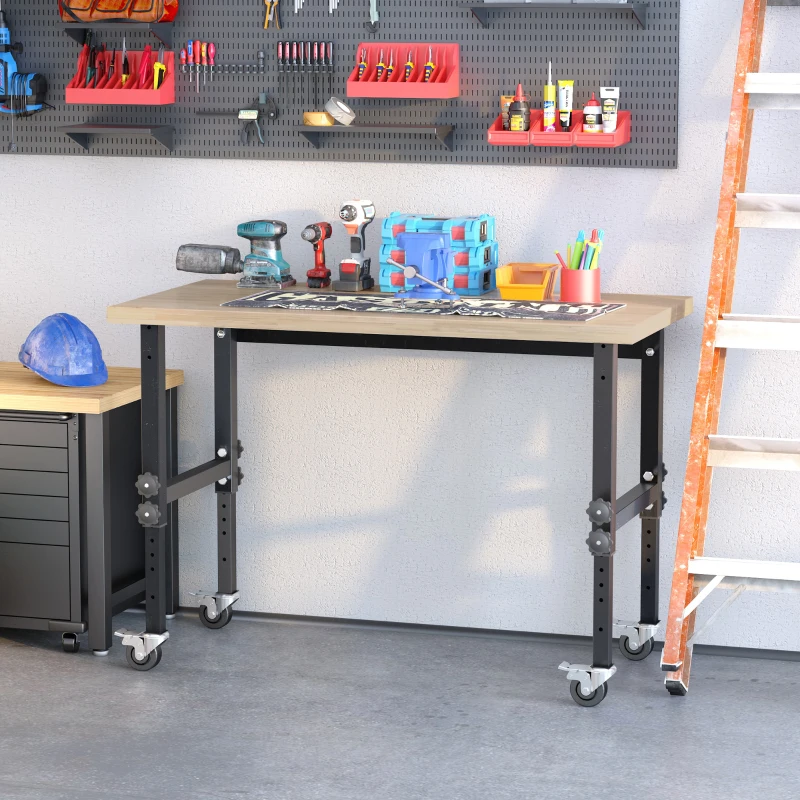 HOMCOM 47.25" Work Bench with Height Adjustable Legs, Bamboo Tabletop Workstation Tool Table on Wheels for Garage, Weight Capacity 1320 Lbs, Black/Natural