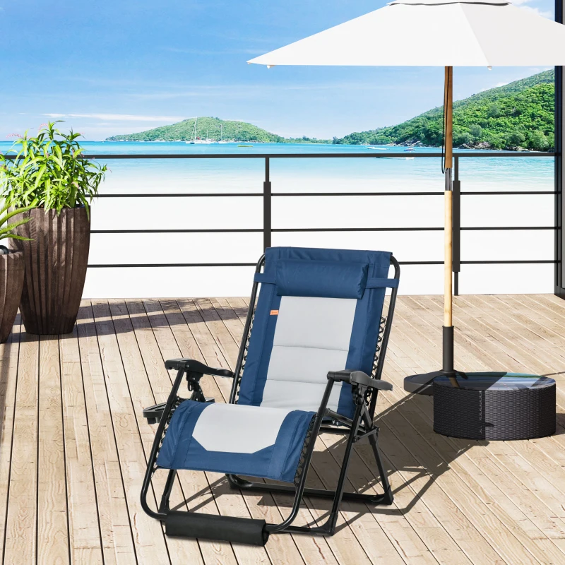 Outsunny Foldable Outdoor Lounge Chair with Footrest, Oversized Padded Zero Gravity Lounge Chair with Headrest, Side Tray, Cup Holders, Armrests for Camping, Lawn, Garden, Blue