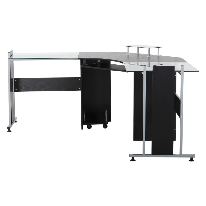 HOMCOM 69" Modern L-Shaped Tempered Glass Office Computer Desk with Elevated Monitor Stand, Rolling CPU Holder, Pull Out Keyboard Tray and Steel Frame, Black